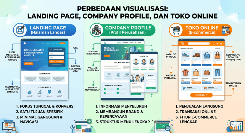 Perbedaan Landing Page, Company Profile, dan Toko Online: Mana yang Tepat untuk Bisnis Anda?